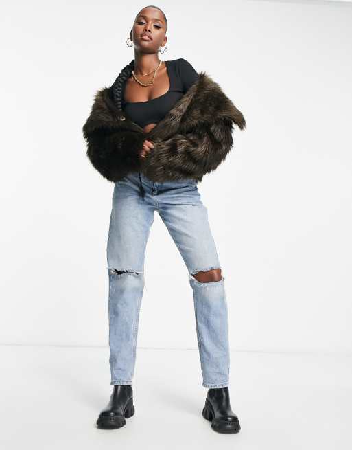 ASOS DESIGN crop collared faux fur jacket in brown
