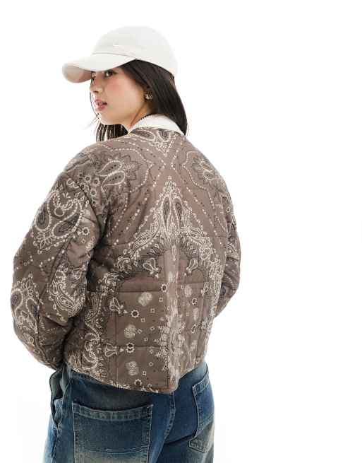ASOS DESIGN cropped collarless quilted jacket in chocolate bandana print