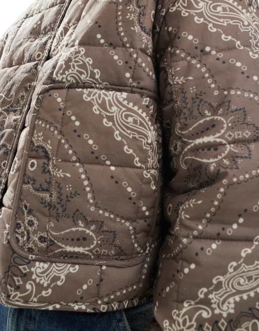 ASOS DESIGN cropped collarless quilted jacket in chocolate bandana print