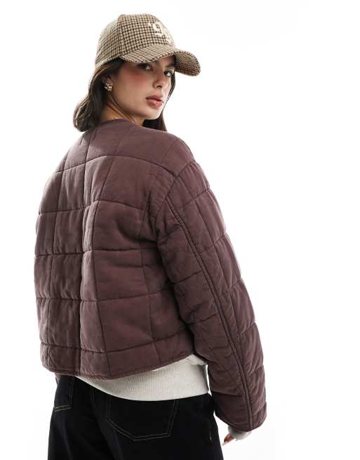 ASOS DESIGN crop collarless quilted jacket in chocolate