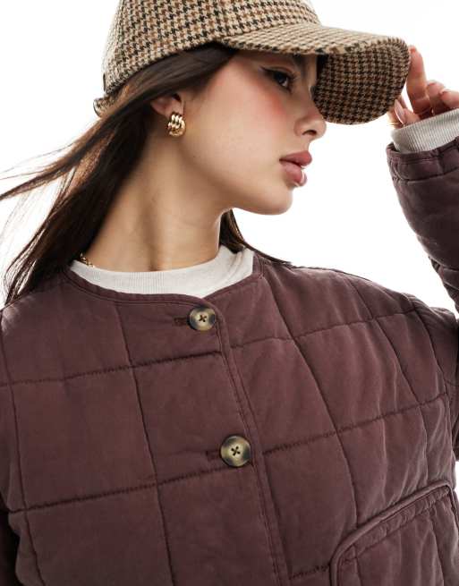 ASOS DESIGN crop collarless quilted jacket in chocolate