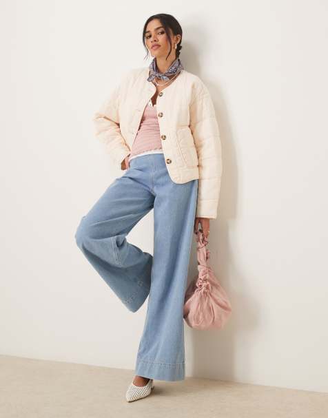 ASOS DESIGN crop collarless quilted jacket in cream - view 1