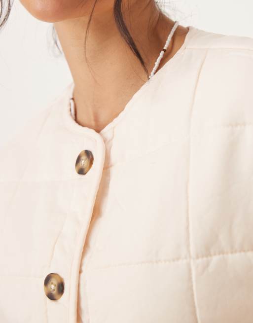 ASOS DESIGN crop collarless quilted jacket in cream