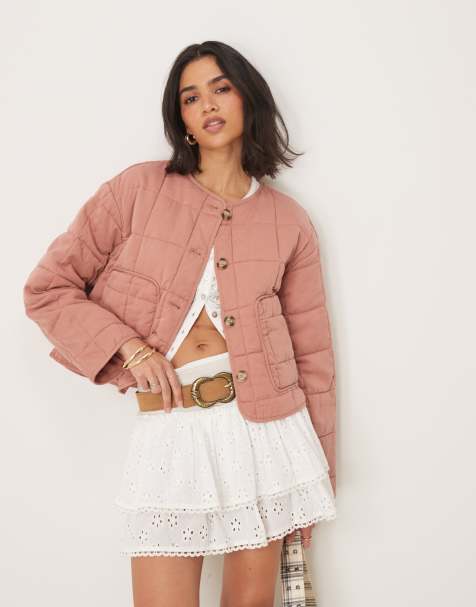 ASOS DESIGN crop collarless quilted jacket in dusty rose - view 1
