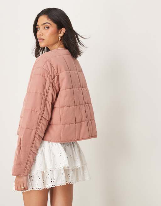 ASOS DESIGN crop collarless quilted jacket in dusty rose