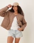 [ASOS DESIGN] ASOS DESIGN crop collarless quilted jacket in mushroom-Grey L Mushroom