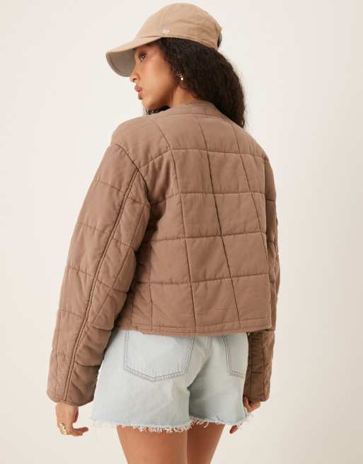 ASOS DESIGN crop collarless quilted jacket in mushroom
