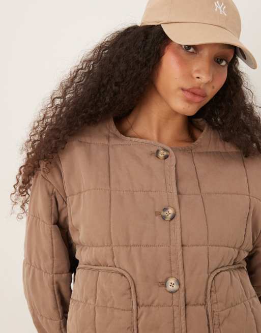ASOS DESIGN crop collarless quilted jacket in mushroom