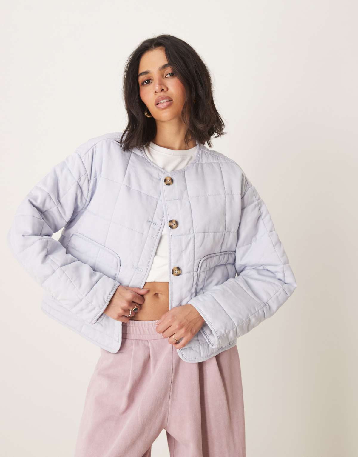 ASOS DESIGN crop collarless quilted jacket in pale blue