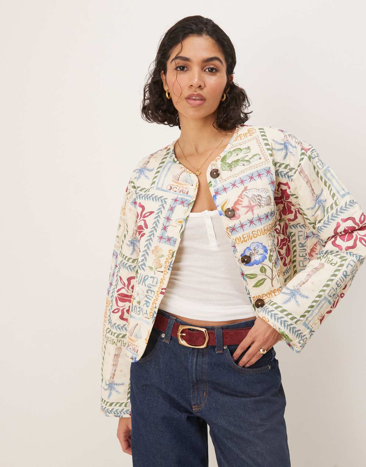 ASOS DESIGN crop collarless quilted jacket in postcard print