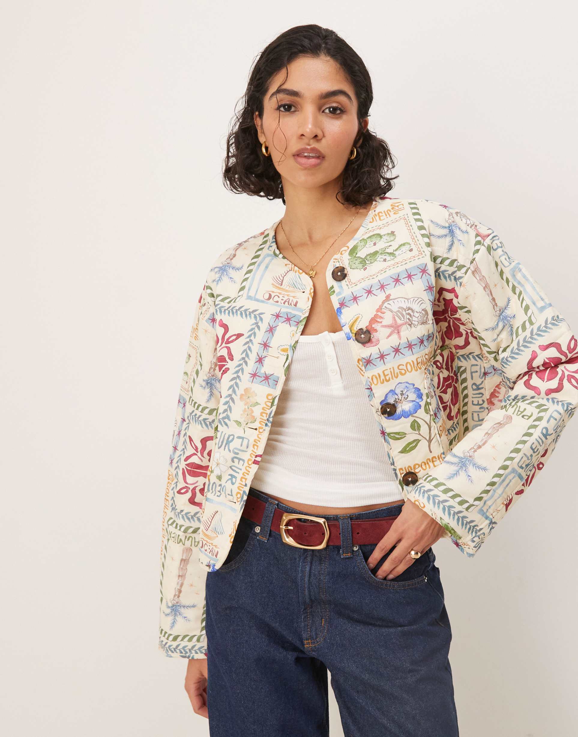 asos design crop collarless quilted jacket in postcard print