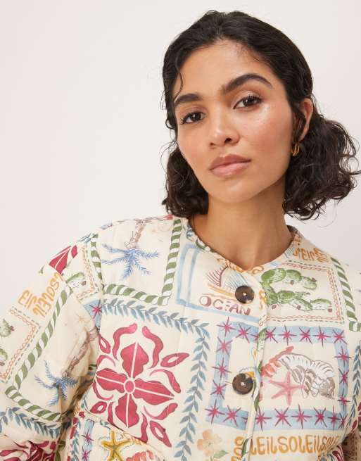 ASOS DESIGN crop collarless quilted jacket in postcard print