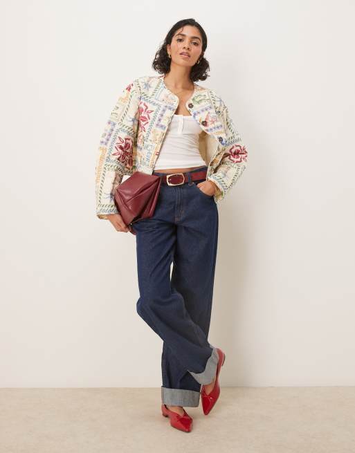 ASOS DESIGN crop collarless quilted jacket in postcard print