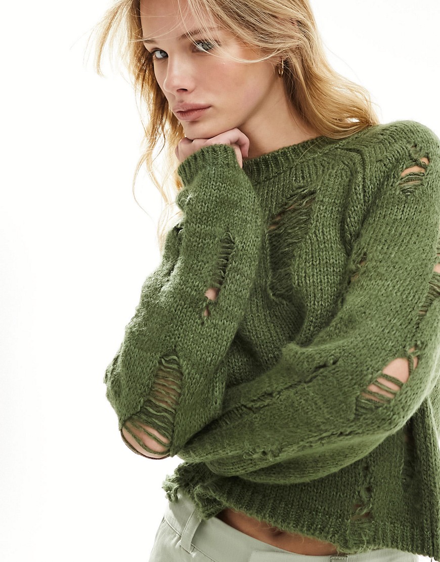 Asos Design Crop Cotton Cable Ladder Stitch Sweater In Khaki-green