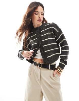 Asos Design Crop Crew Neck Cardigan In Charcoal Stripe-multi