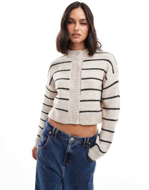 CerbeShops DESIGN crop crew neck cardigan in cream stripe