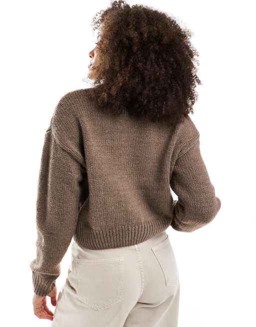 ASOS DESIGN crop crew neck cardigan in mocha, 2 of 4