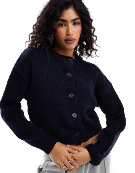 ASOS DESIGN crop crew neck cardigan in navy - view 1