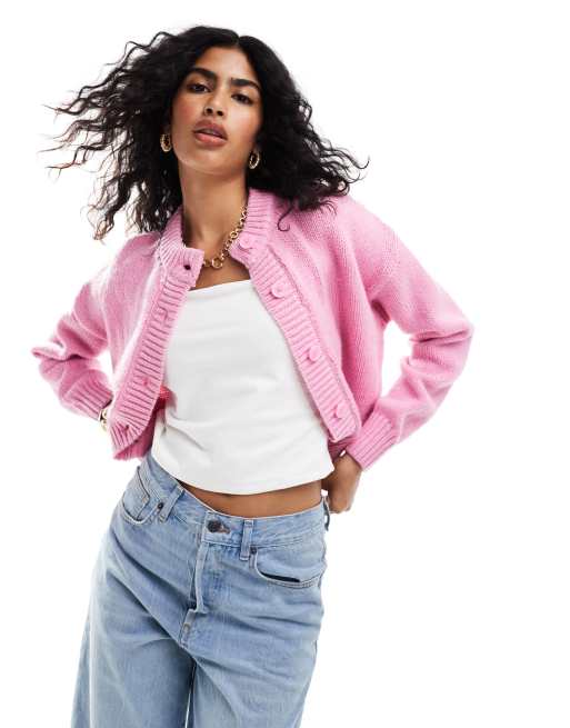 ASOS DESIGN crop crew neck cardigan in pink