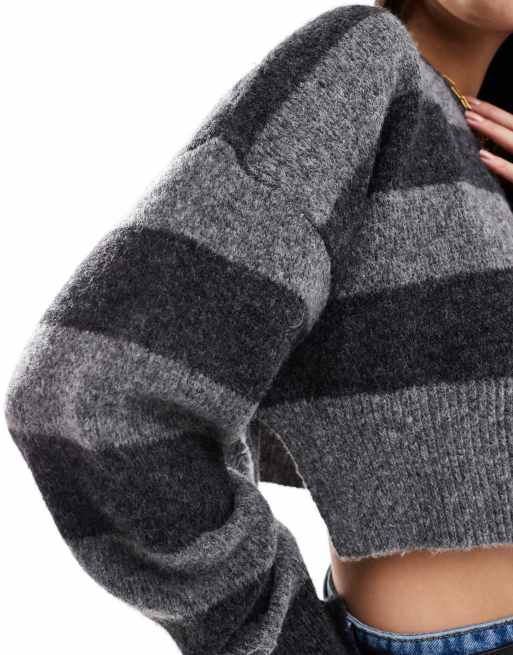 ASOS DESIGN crop crew neck jumper with split hemline in stripe, 4 of 4