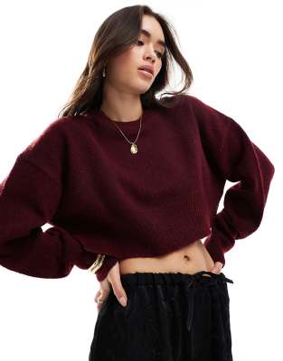 Asos Design Crop Crew Neck Sweater With Split Hemline In Burgundy-red