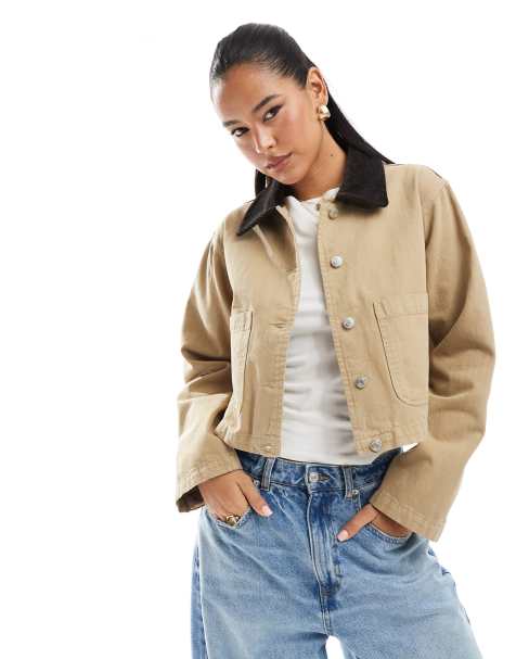 ASOS DESIGN crop denim barn jacket in stone - view 1