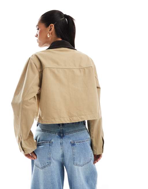ASOS DESIGN crop denim barn jacket in stone