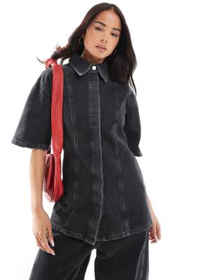 Asos Design Crop Denim Shirt In Gray - Part Of A Set