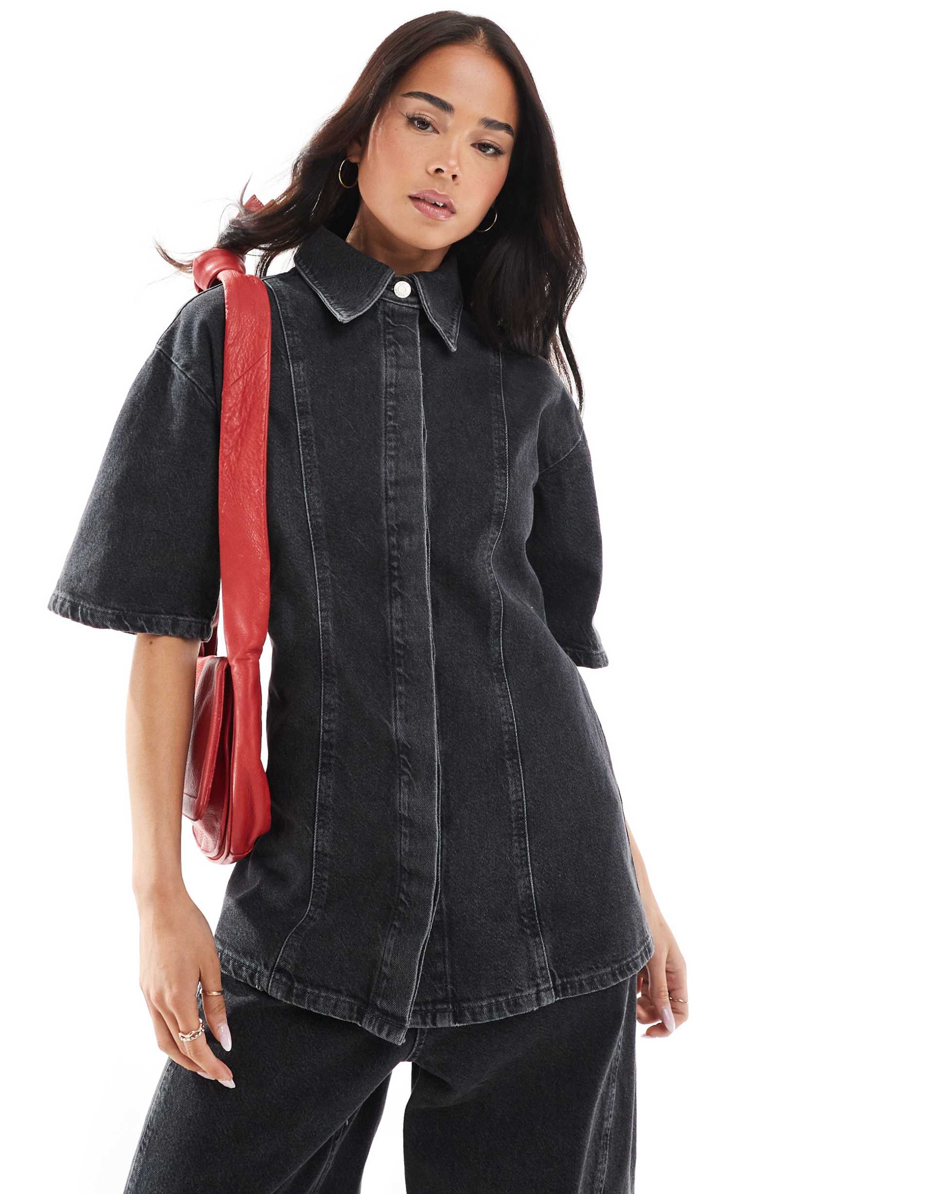 asos design crop denim shirt in gray - part of a set