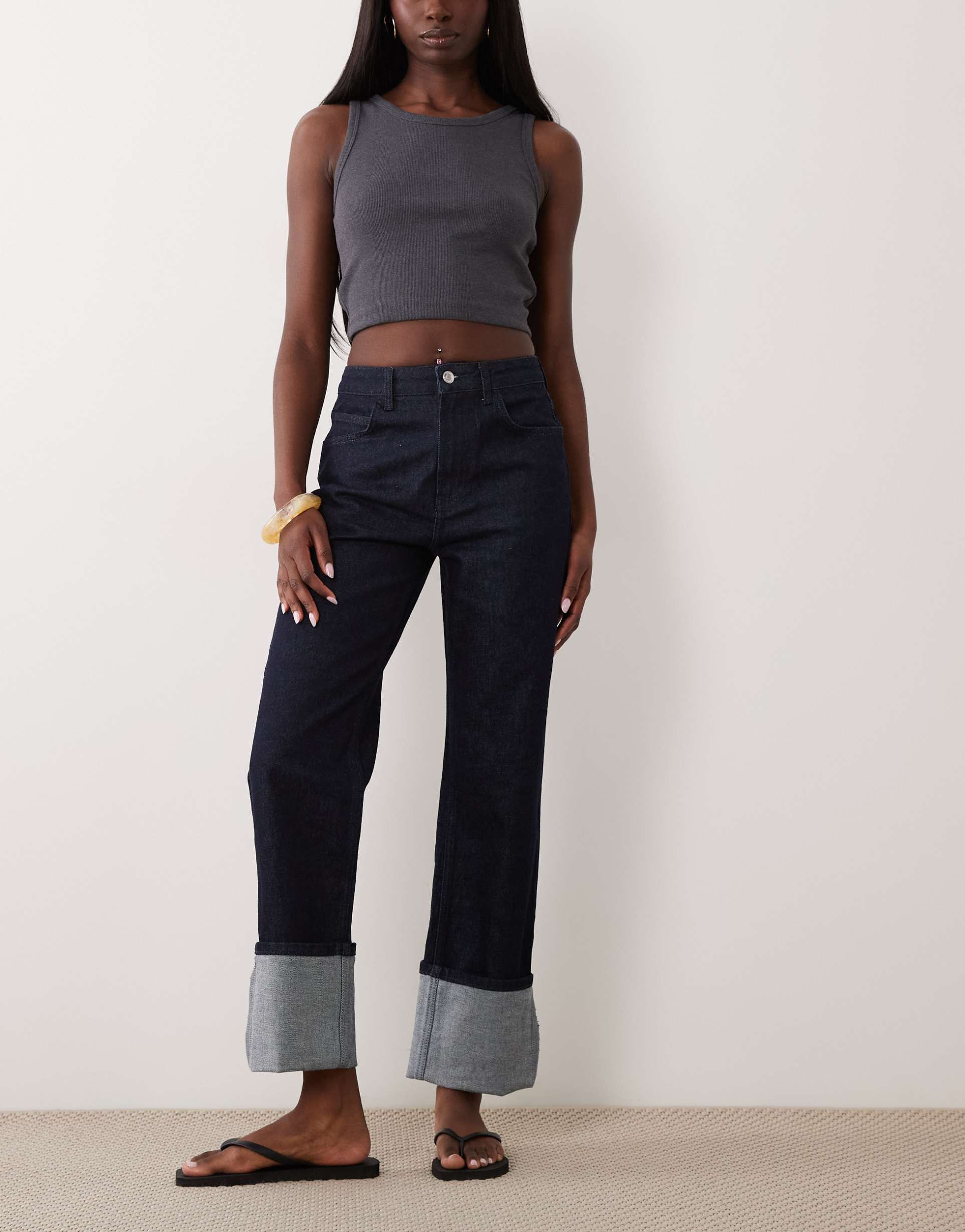 asos design crop jeans with turn up hem in midwash