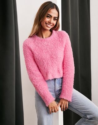 ASOS DESIGN crop jumper in fluffy yarn in pink