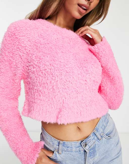 ASOS DESIGN crop sweater in fluffy yarn in pink