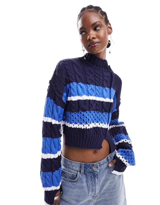 ASOS DESIGN - crop jumper in mixed stitch with split details in blue stripe