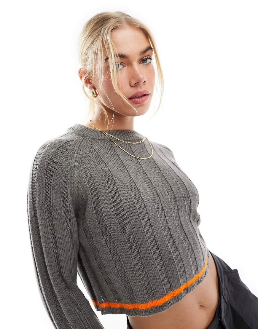 ASOS DESIGN crop jumper with crew neck in rib with tipping-Grey