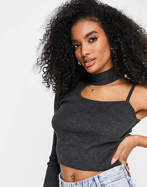 Women crop jumper with one shoulder and asymetric neckline in grey 