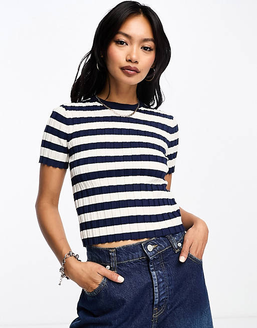 ASOS DESIGN crop knitted baby tee with crew neck in stripe | ASOS