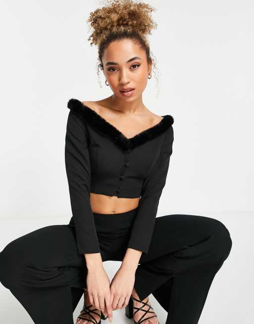 ASOS DESIGN crop off shoulder top with faux fur trim in black ASOS