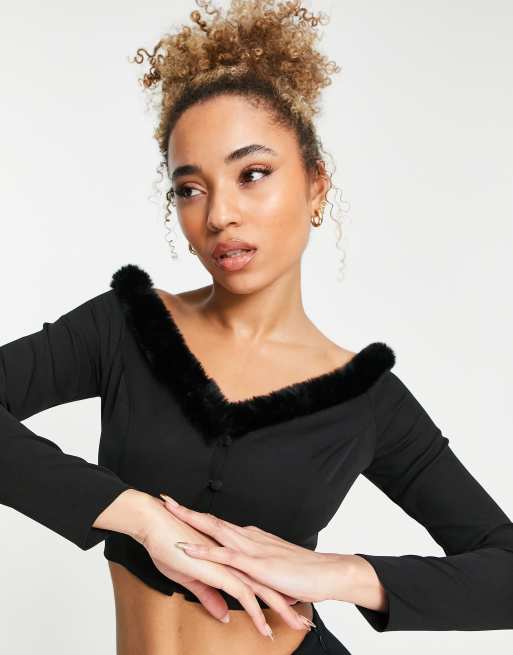 ASOS DESIGN crop off shoulder top with faux fur trim in black | ASOS