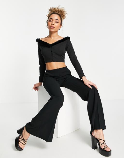 ASOS DESIGN crop off shoulder top with faux fur trim in black , 4 of 4