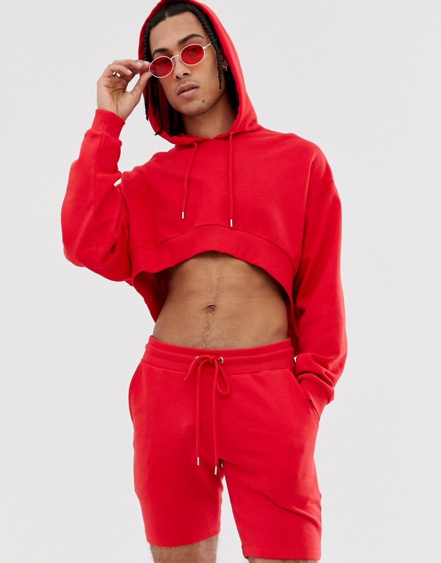 ASOS DESIGN crop oversized tracksuit with hood and shorts in red