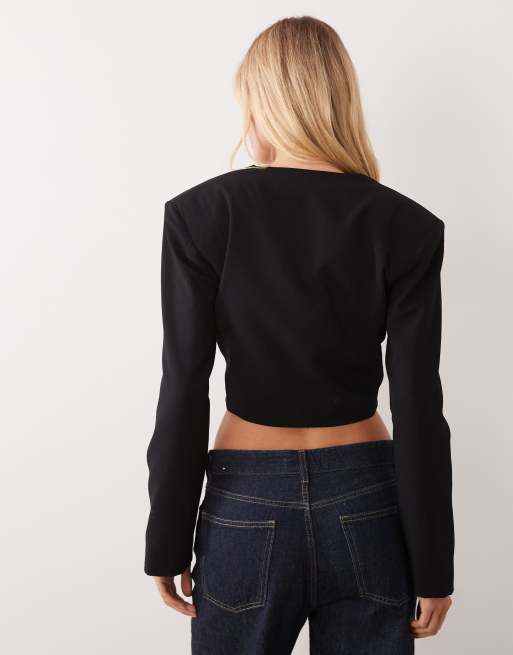 ASOS DESIGN crop plunge blazer in black, 4 of 4