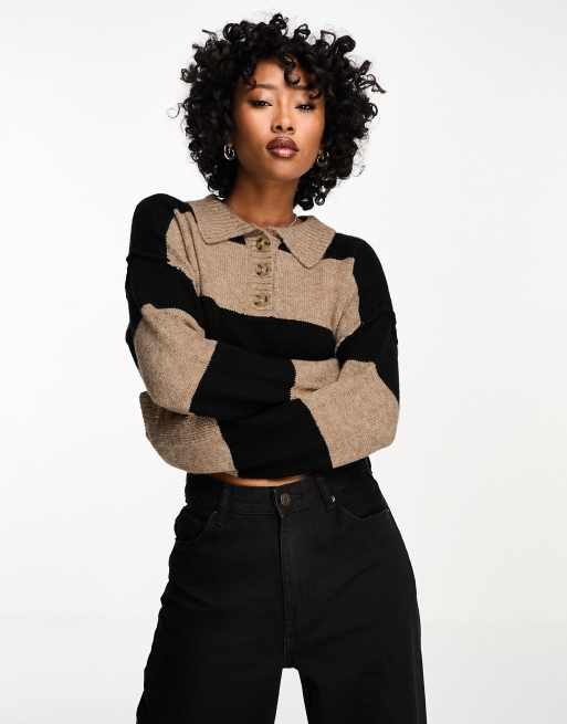 ASOS DESIGN crop rugby jumper with collar in stripe in black and