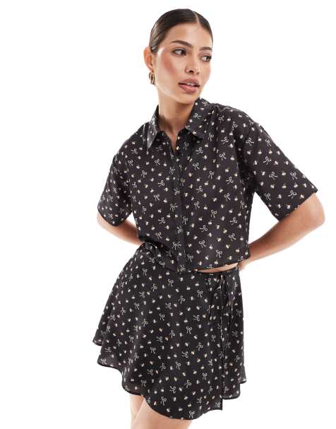 ASOS DESIGN crop satin  shirt in bow print co-ord - view 1