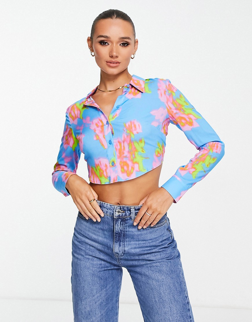 ASOS DESIGN crop shirt with open back in bright blue rose print-Multi