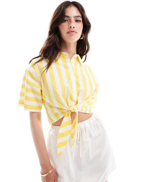 ASOS DESIGN crop short sleeve shirt with tie waist in yellow stripe - view 1