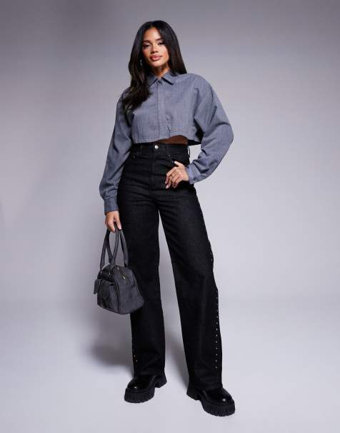ASOS DESIGN crop straight leg jean with studs in black