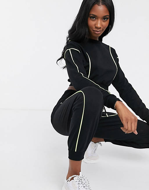 ASOS DESIGN crop sweat and jogger tracksuit with neon piped detail | ASOS