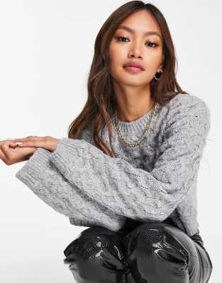 Asos Design Crop Sweater In Cable Stitch In Gray-grey | ModeSens