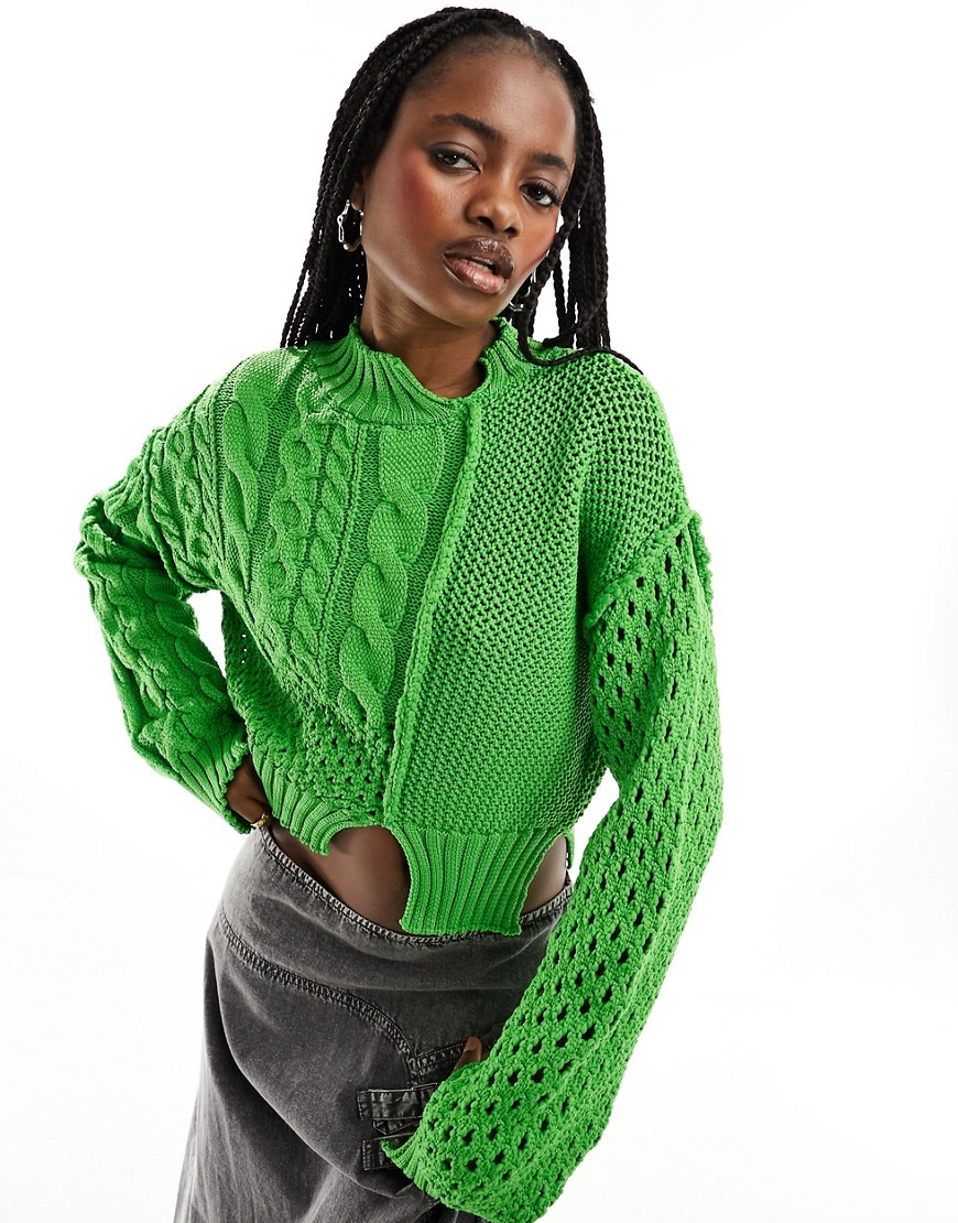 crop sweater in mixed stitch with split details in green