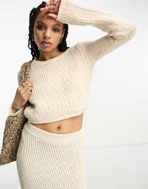 Cream Laddering Knit Long Sleeve Crop Top